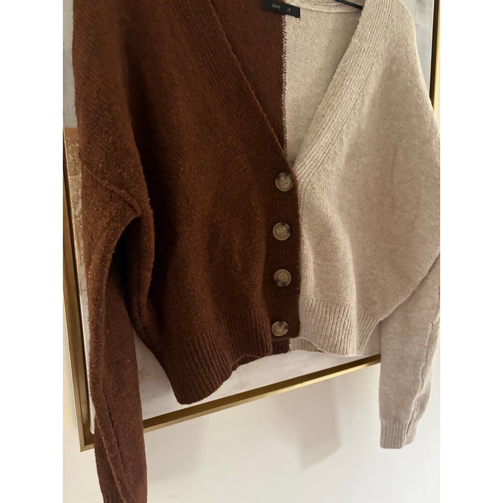 Cozy Color Block Cardigan Sweater Large Brown Cream Boho Cottagecore - Picture 4 of 6